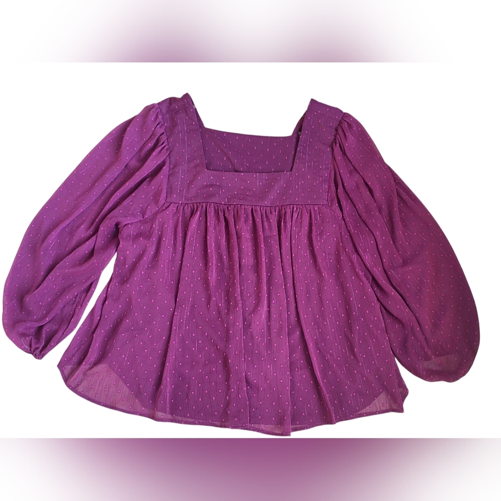 Ophelia Roe Square Neck Embellished Dark Pink Baby Doll Top Ruched Sleeves 2X